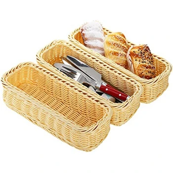 3 csomag rattan kenyérkosár, téglalap alakú szövött kosár, szervizkosár gyümölcs, zöldség, kések és villák, snack stb tárolására