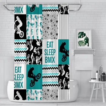 BMX Eat Sleep Fürdőszoba Zuhanyfüggöny Kerékpár Kerékpár Kerékpározás Vízálló válaszfal Kreatív lakberendezés Fürdőszoba kiegészítők