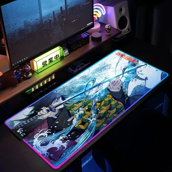 Demon Slayer RGB asztali szőnyeg XXL nagy anime egérpad LED Kimetsu No Yaiba csúszásmentes játék egérpad laptop számítógépes játékosoknak