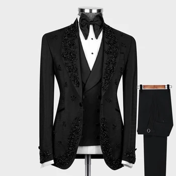 Fekete esküvői öltönyök férfiaknak Fit karcsú, kézzel készített kőgyöngyfűző hajtókás kabát mellény nadrág 3 részes Vőlegény szmokingok Szabott férfi ruházat