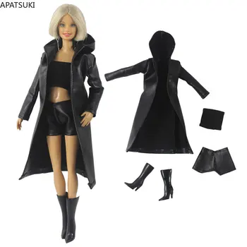 Fekete kapucnis pulóverek Bőr ruhakészlet Barbie baba ruhákhoz Divat hosszú kabát kabát Felső rövidnadrág Csizma 1/6 baba kiegészítők Játékok