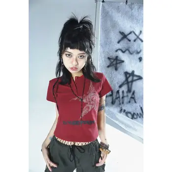 Harajuku Crop Top Japán stílusú Star Pattern kerek nyakú rövid ujjú pólók Graphic Pólók y2k Női ruhák Streetwear