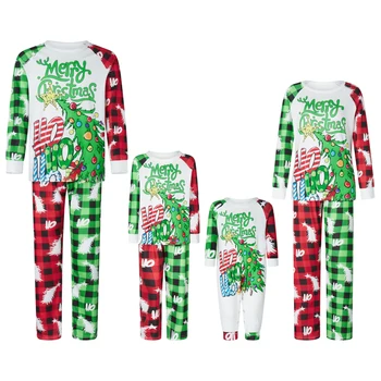 Karácsonyi családi pizsama Hozzáillő szett, hosszú ujjú fa betűk Póló kockás nadrággal Hálóruha Társalgóruha