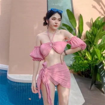 koreai osztott háromrészes bikini női egyszínű fehér rózsaszín szexi szoknya lógó nyakpánt Háromszög fürdőruha szett Hot Spring fürdőruha