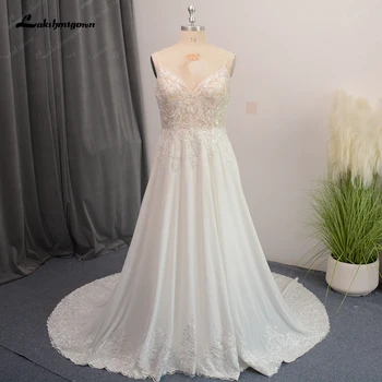Lakshmigown Spagetti pántok tengerparti esküvői ruha nőknek Gyöngyök sifon menyasszonyi ruhák Nyitott vissza Valódi fotók Új érkezés