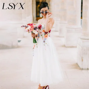LSYX Culourful Appliques Tulle A-Line ujjatlan esküvői ruha nőknek Fűző hátra Boka hosszúságú menyasszonyi ruha egyedi készítésű