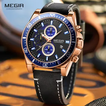 MEGIR 2020 Luxus bőrszíj kvarc órák Férfi divat alkalmi sport kronográf óra Man vízálló világító karóra