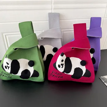 Panda mintás kötött kézitáska Koreai alkalmi táska Összecsukható Eco bevásárlótáska Újrafelhasználható élelmiszerbolt női tárolótáska Csuklótáska 2024
