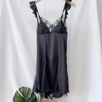 Selyem szatén hálóruha női nyári ruha szexi csipke heveder hálóing Mellkaspárna otthoni ruhák karcsú női hálóing