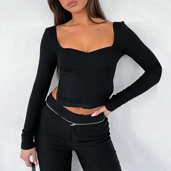 Sexy Slim póló női szögletes nyakú hosszú ujjú crop topok Alapok ingek Alkalmi őszi ruhák Női divatfelsők póló 2023