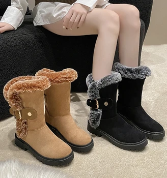 Téli csizma Lady Boots-Women kerek lábujjú plüss női cipő Lapos sarok Ausztrália eltömődik Platform 2023 Gumiszőrme Med Snow Mid Vádli