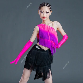 Új modellek Latin táncverseny jelmez lányok rojtos ruha rövid stílusú gyerekek latin ruha Samba Rumba ChaCha táncos viselet