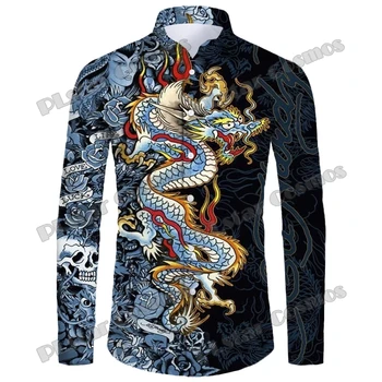 Újévi sárkány mintás férfi ingek hosszú ujjú luxusruházat 3D nyomtatott tetoválás divatgomb tavasz ősz férfi alkalmi 2024