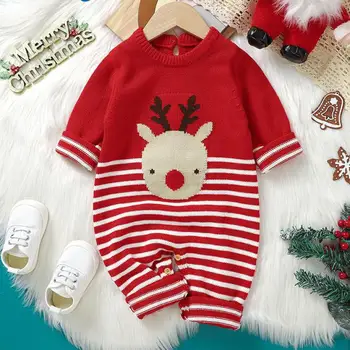 Őszi téli karácsonyi ruhák Újszülött fiú lány Baba rajzfilm jávorszarvas kötött romper csecsemő divat jumpsuit gyerek csíkos egyrészes